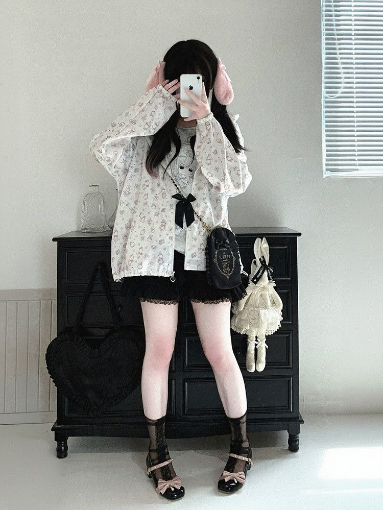 Bunny Print Hooded UV Protection Jacket, Pink & White, Ryousangata - Kitty Bxllet