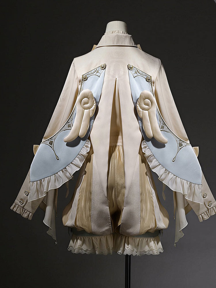 Bishop Sleeve Ouji Shirt and Striped Shorts Set with Angel Wing Collar - Unknown Star