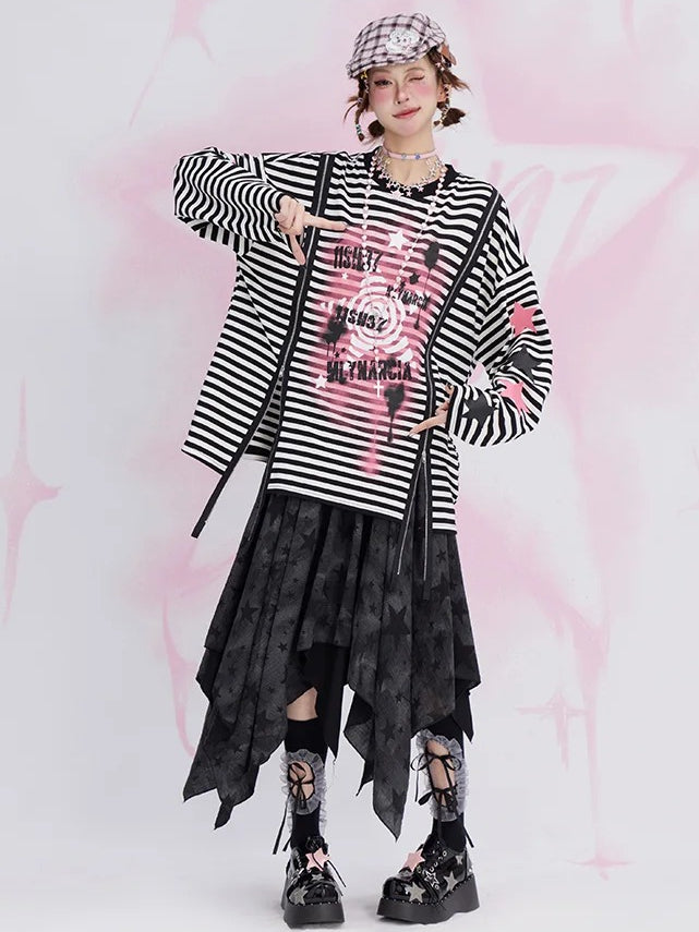 Black Y2K Stars Handkerchief Hem Skirt