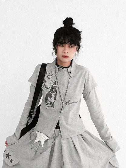 Gray Sleeve Long Two-piece - Print Top Bunny