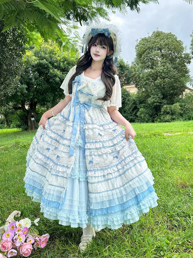 Ruffles White Floral Version Short Blue Lolita Classic Print Elegant Layered Dress