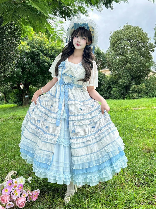 Ruffles White Floral Version Short Blue Lolita Classic Print Elegant Layered Dress