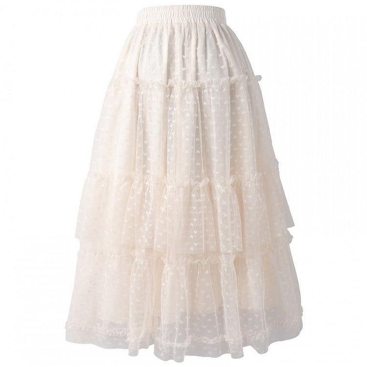 アプリコット ゴムウエスト ハート柄 メッシュ ティアードスカート