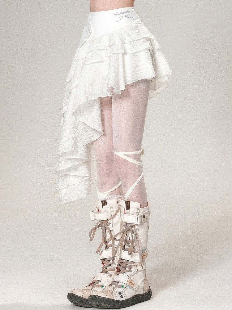 Hem Tiered Asymmetrical Skirt Letter Decorated Bowknot White Rhinestone And