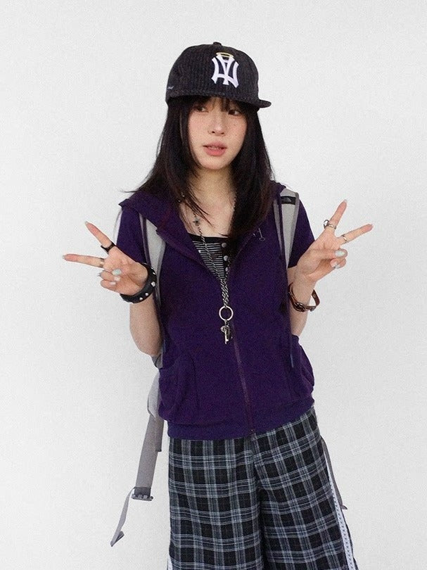 Purple Vintage Y2K Hooded Short Sleeve Jacket with Key Embroidery - innomoood