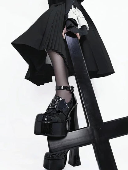 High Decor Block Gothic Heels Design Platform Wing Black Polished Bat PU Leather Spiderweb in -