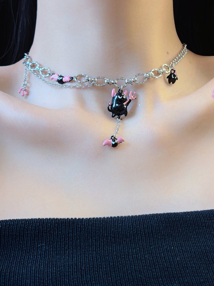 Y2K Pink/Orange Little Devil Pendant Necklace
