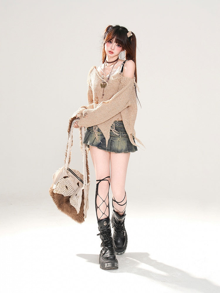 Gestrickter Punk Khaki Asymmetrischer Ausschnitt und Löcher am oberen Saum Wasteland Distressed