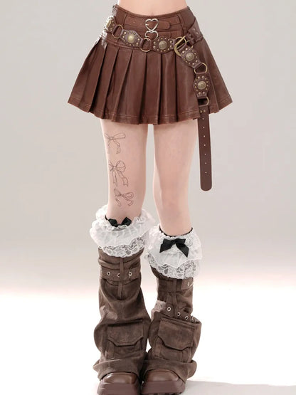 バックルプリーツストラップスカート ブラック/ブラウン