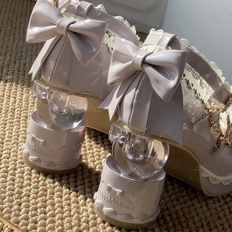 Bow Ball Mary Transparent with Platform Purple Shoes PU Heels Jane Sweet Decoration