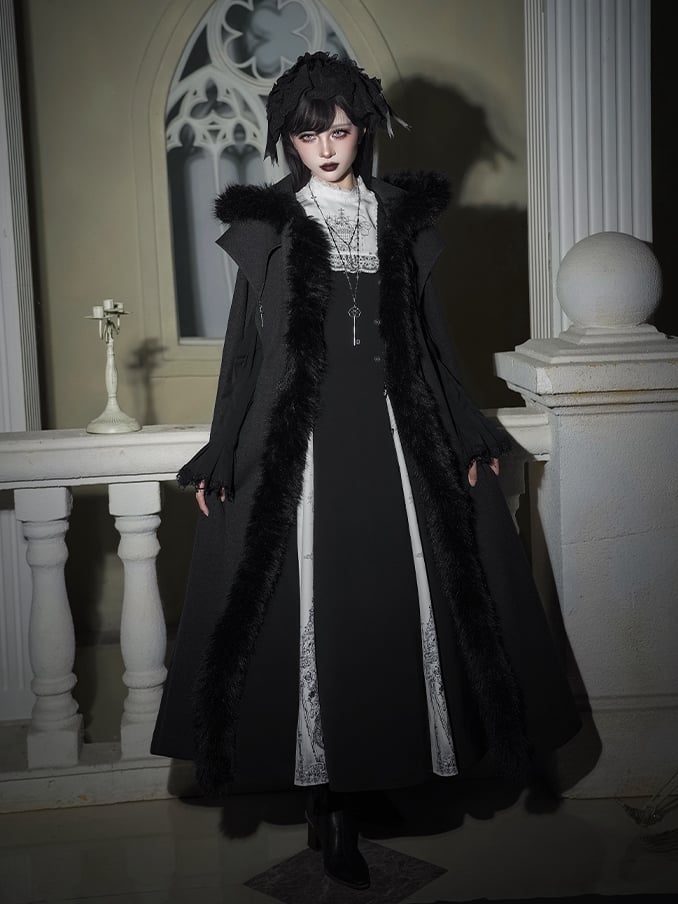 Witch Trim Cross with Fur Autumn for and Faux Winter Lolita Gothic Charms Black Cloak