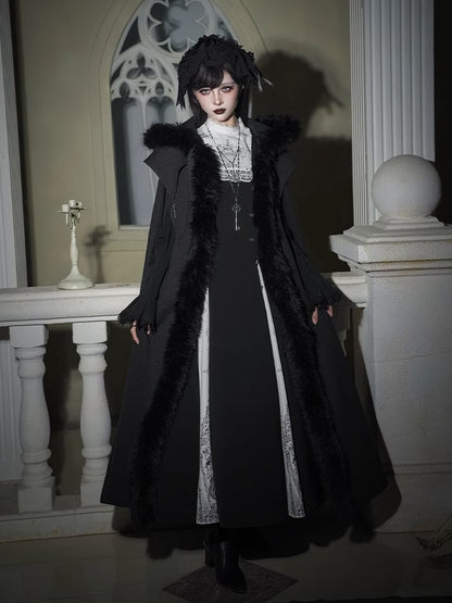 Witch Trim Cross with Fur Autumn for and Faux Winter Lolita Gothic Charms Black Cloak