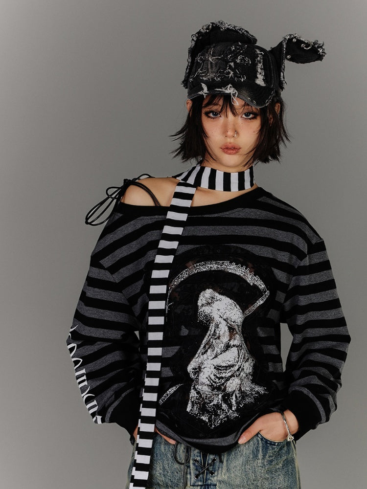 Schwarz-graues Streifen-Applikationsdesign, asymmetrischer Ausschnitt, Kordelzug, Punk-Top