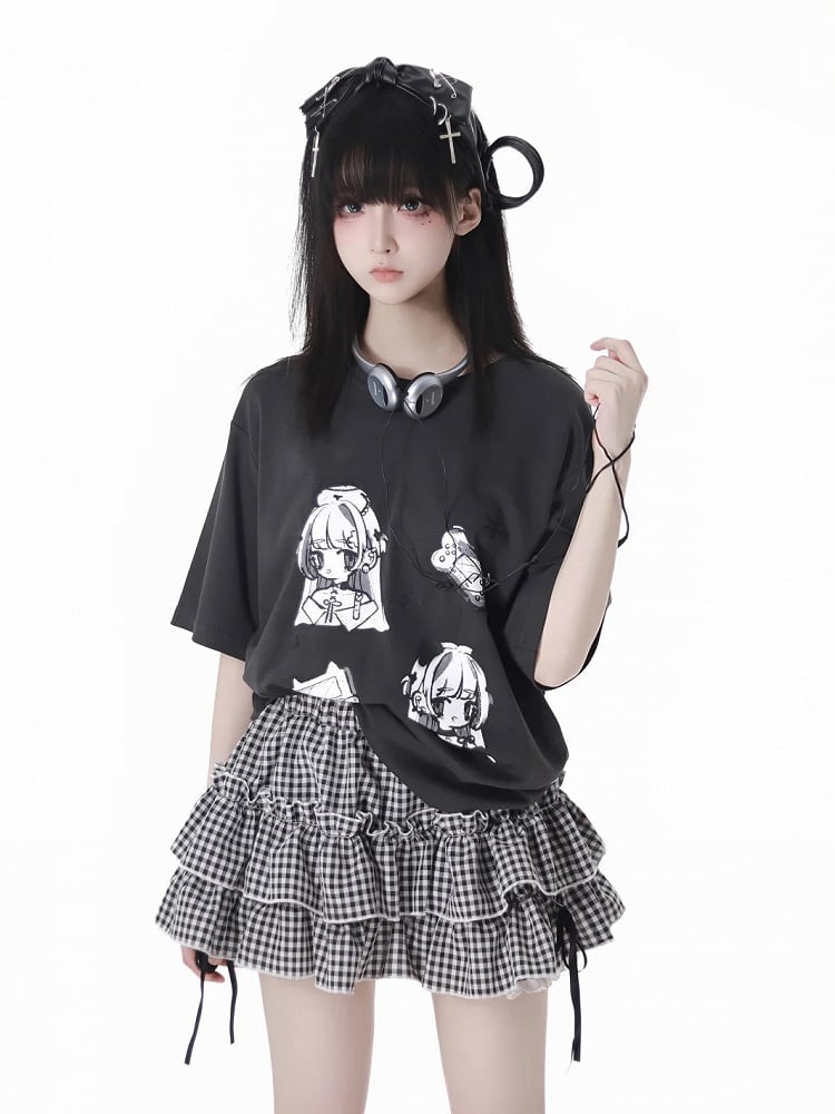 Gray T-shirt Anime Girl Print White/Dark Round Neck Cotton