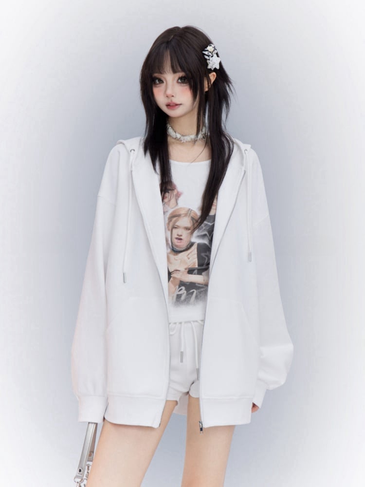 Sports Tank Three-pieces White Set-Zip Top+Shorts Closure Hoodie+Graphic