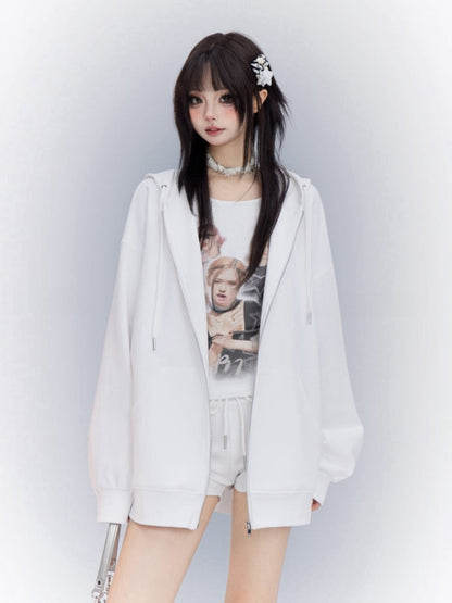 Sports Tank Three-pieces White Set-Zip Top+Shorts Closure Hoodie+Graphic