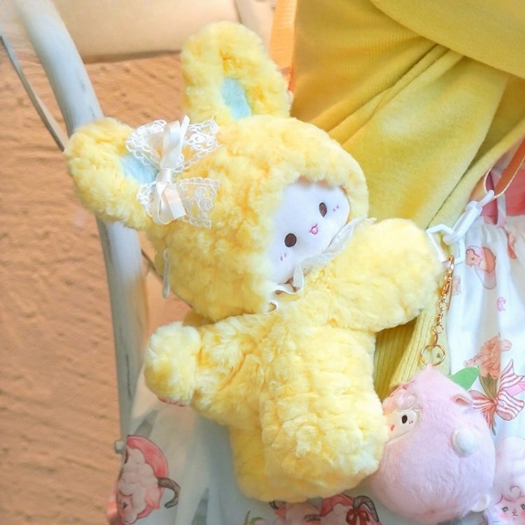 Bowknot + mittlerer/großer Schlüsselanhänger-Rucksack in Kaninchenform, 3 Plüschoptionen, Gelb