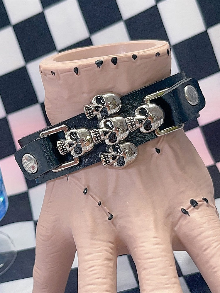 Y2K Black/White/Red Cross Punk Skull Bracelet PU Metal