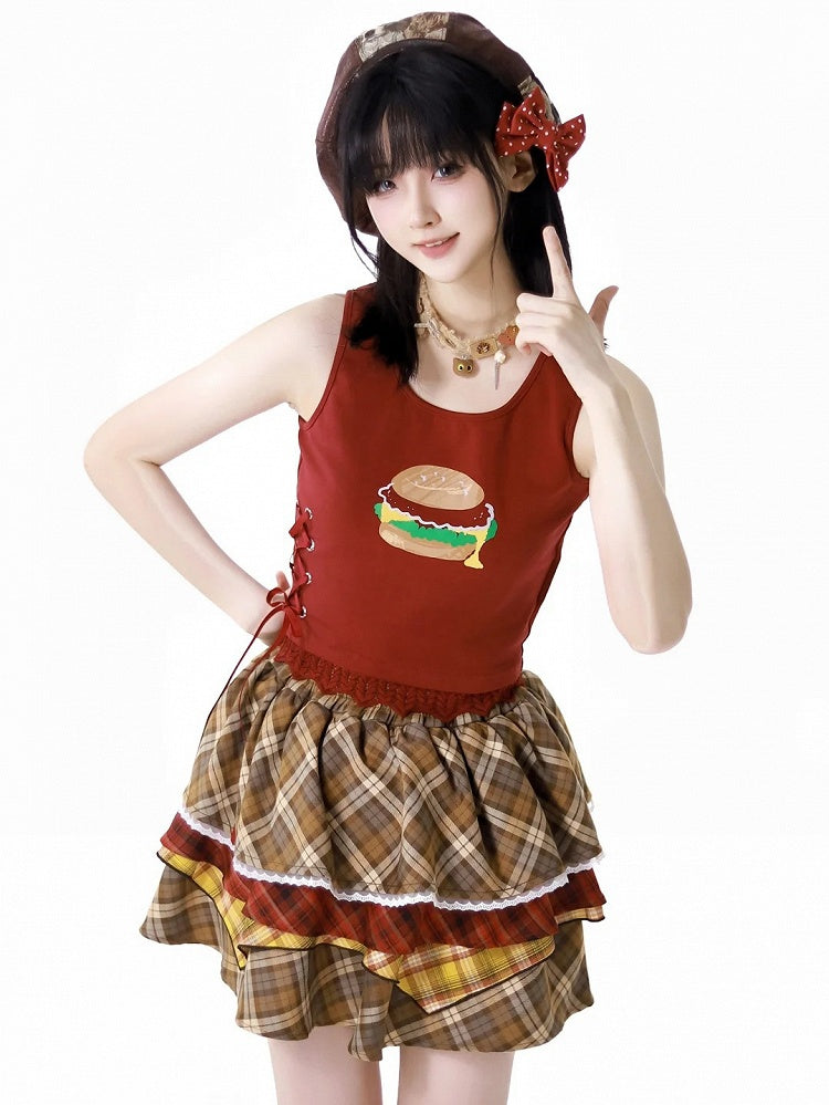 Tiered Skirt Hamburger Theme Pink/Brown Plaid Elastic Waist