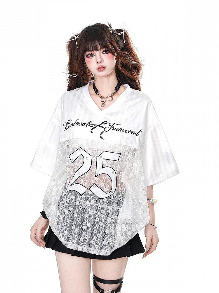 Black/White V-Neck Number Print Contrast Lace Patches Loose T-shirt
