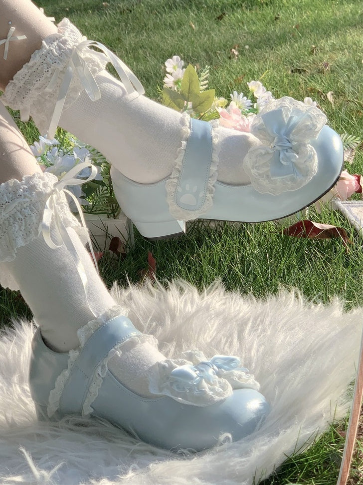 Print Janes with Velcro in Strap PU Mary Toe - Low-heel/Mid-heel Paw Round Bow Blue Removable Closures