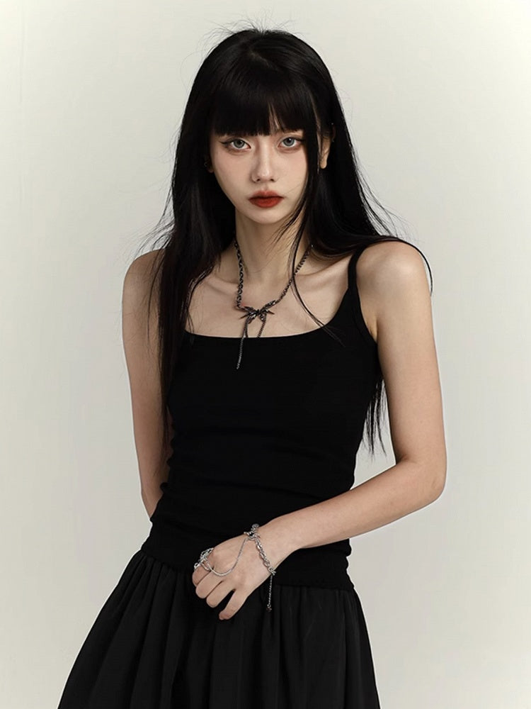Waist-Length Black Slim-fitting Tank Punk Top