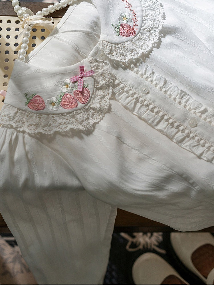 White Strawberry Ruffled Blouse Pink Embroidery Lolita Long-Sleeve with