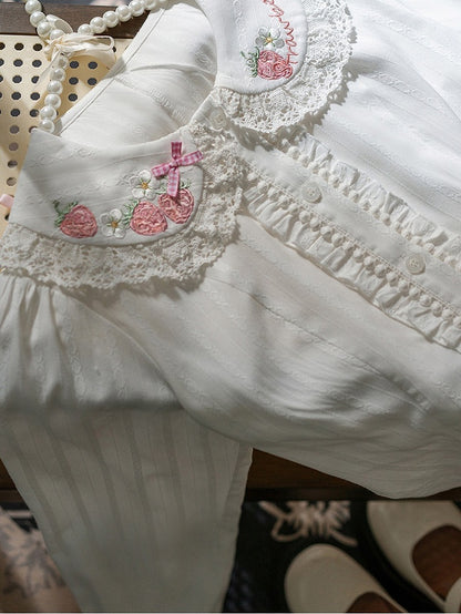 White Strawberry Ruffled Blouse Pink Embroidery Lolita Long-Sleeve with