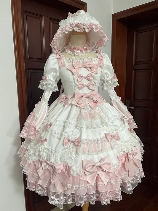 Rosa abnehmbare Akzente weiße Prinzessinnenärmel süße Taille hohe Lolita-Schleife mit Kleid Sakura