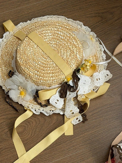 Satin Bow Straw Hat with Floral Lace Details - Lineall Cat