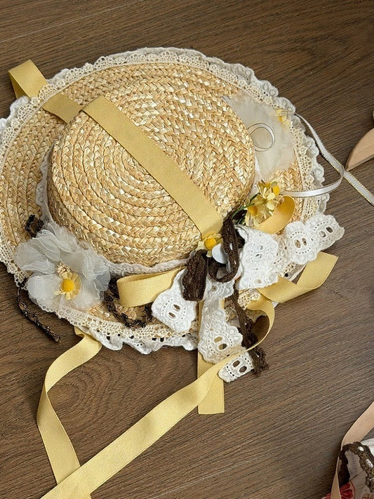 Satin Bow Straw Hat with Floral Lace Details - Lineall Cat