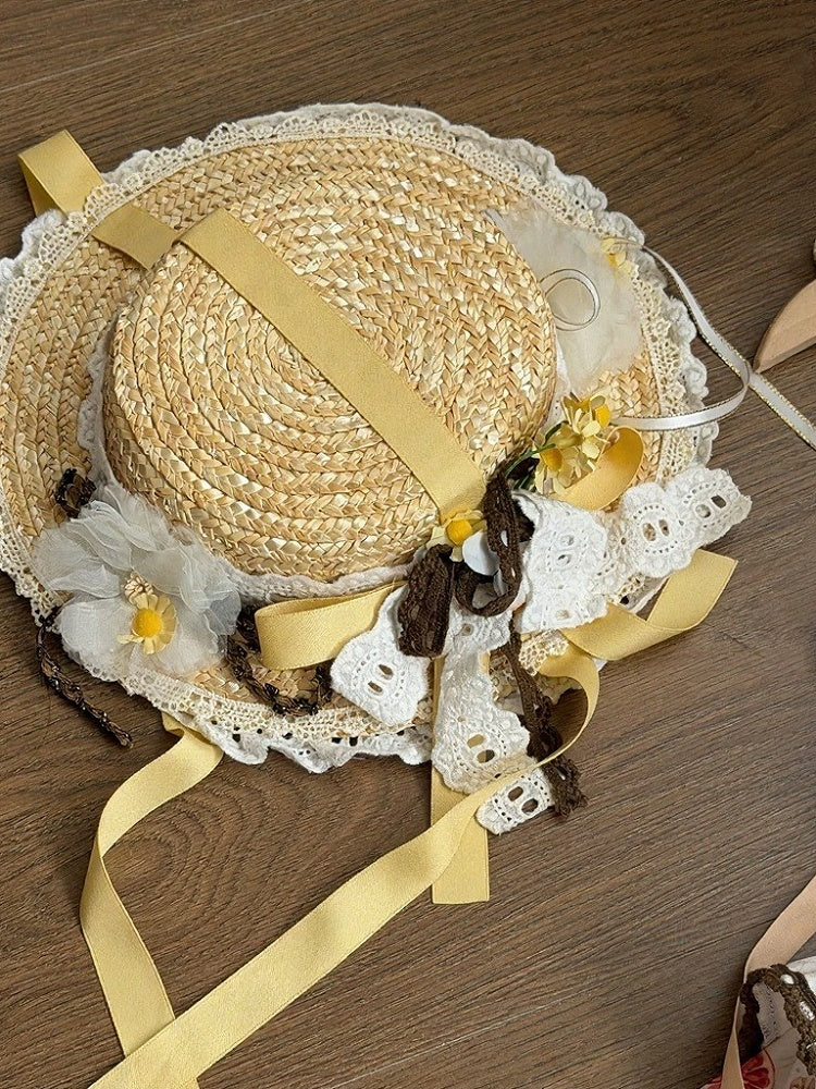 Floral Lace Straw Hat with Satin Bowknot - Lineall Cat