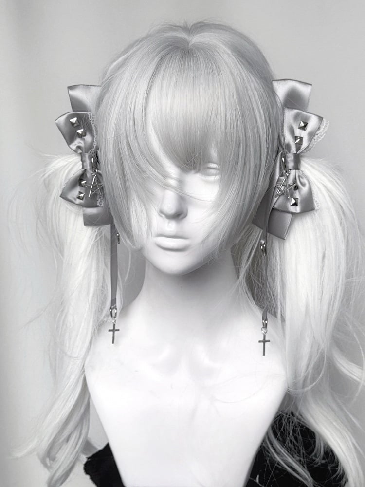 Bow Hairclips Black/Gray Punk Pentacle Kei Charm Studded Jirai