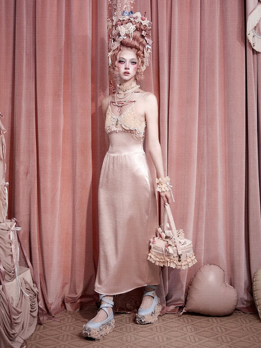 Rococo Pink Lace Satin Slip Dress with Padded Cups - Blood Supply