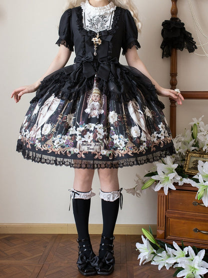 Lily and Puppet Doll Print Black Dark Gothic Lolita Short Sleeves Dress