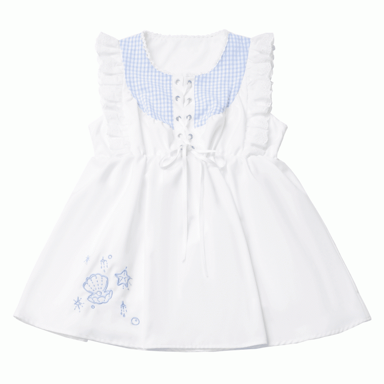 Flutter Sleeves Top and Plaid Seashell and Starfish Embroidery White Blue Front Lace-up
