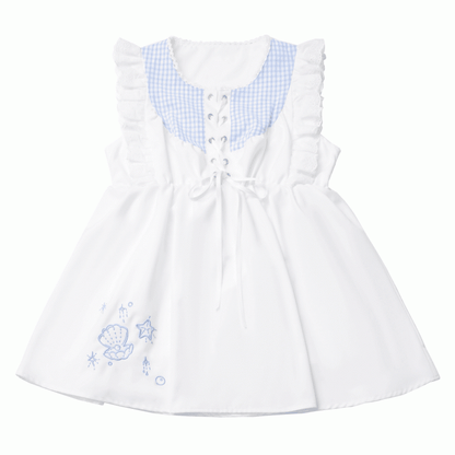 Flutter Sleeves Top and Plaid Seashell and Starfish Embroidery White Blue Front Lace-up
