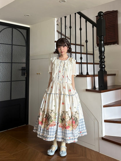 Kawaii Cat and Apple Design Cotton Sleeveless Dress in Short or Long Length