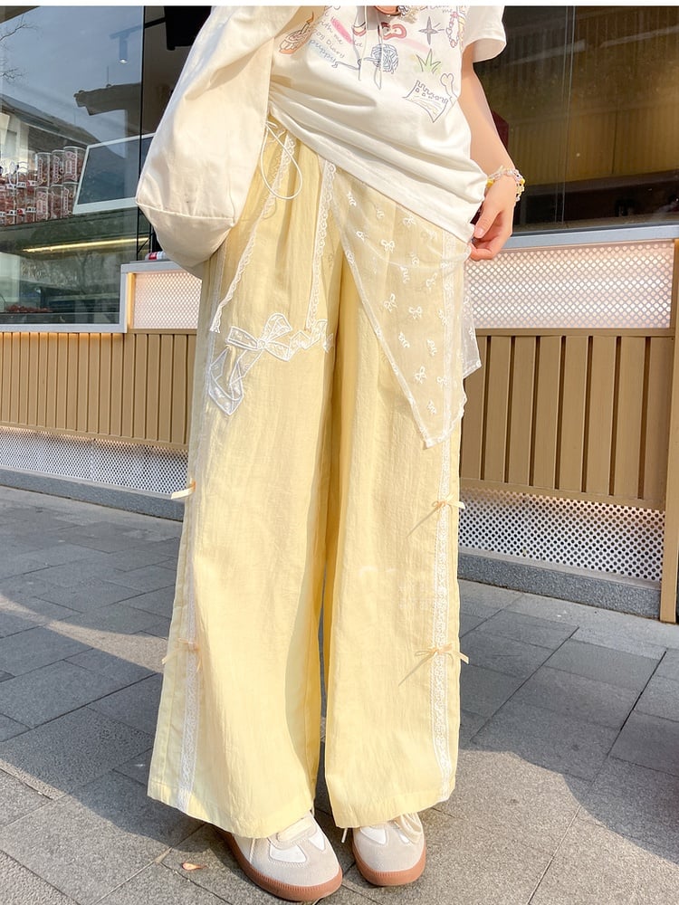 Hose mit weitem Bein und Schleifenstickerei, Gelb, normale/kurze Version, hohe Taille