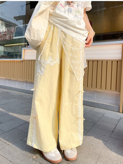 Hose mit weitem Bein und Schleifenstickerei, Gelb, normale/kurze Version, hohe Taille