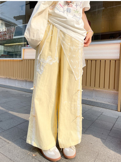 Yellow Regular/Short Version Wide-Leg Pants Bowknot Embroidery High Waist