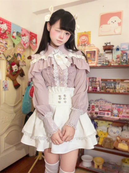 Lace Ruffle Cutout Trim White Rhinestone Ryousangata Blouse Long-Sleeve Bow with Shoulder Pink