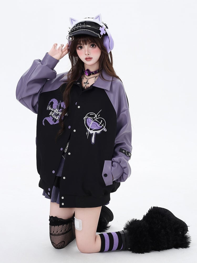 Sleeve Straps Baseball Buckle Embroidery Heart Jacket Purple with Graffiti Black PU
