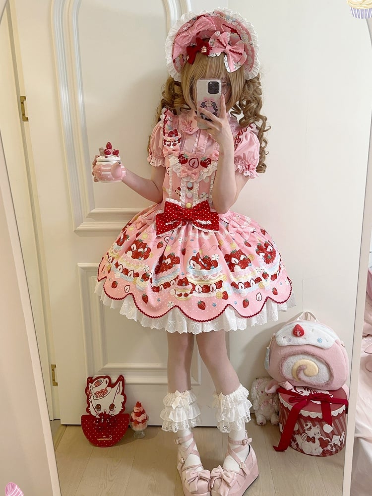 und süßer Dessert-Overall, rosa Lolita-Erdbeerkleid-Print