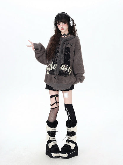 Vintage Lettered Plush Sweater with Distress Trim and Detachable Hood Red/Dark Brown