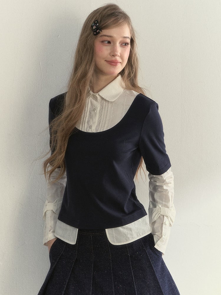 Sleeve Blue Navy Fake Blouse Two-Piece Vintage Long