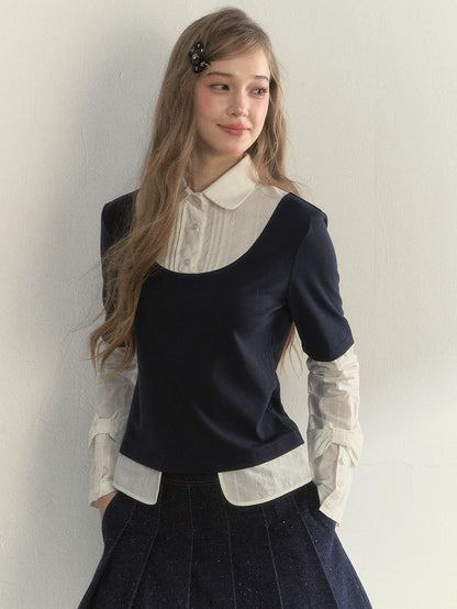 Sleeve Blue Navy Fake Blouse Two-Piece Vintage Long