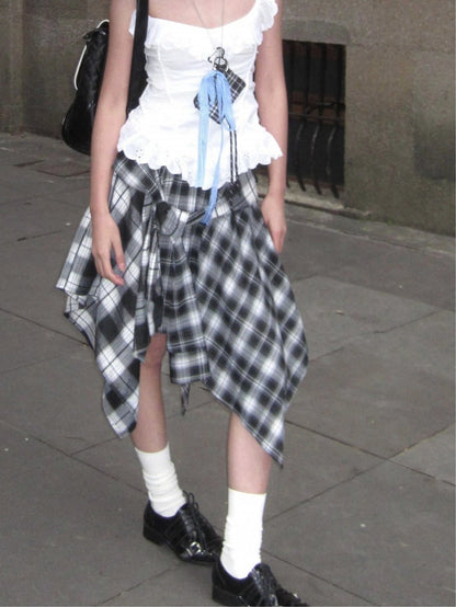 Plaid A-Line Handkerchief Skirt Black White with Hem