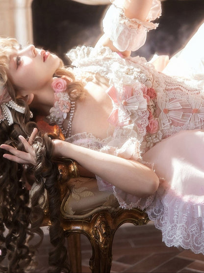 Lace-Trimmed Lolita Bow Lace Corset Pink Top + Decorated Skirt Jacquard Sweet and