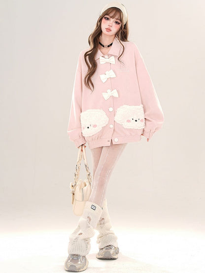 Pink/White Plush Puppy Pockets Polo Collar Jacket